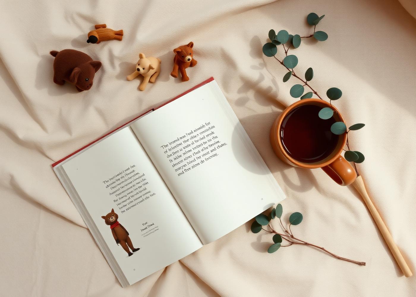 An open children's book, wooden toys and a mug, styled in warm cream tones