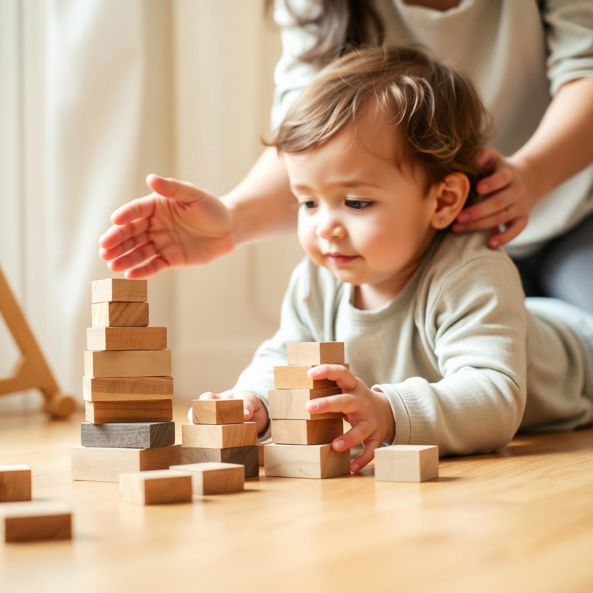 A child playing with wooden stacking blocks while a parent gently guides